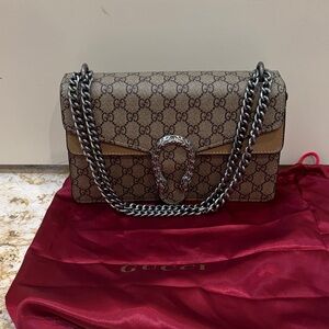 Brown and Tan Shoulder Bag with Silver Chain